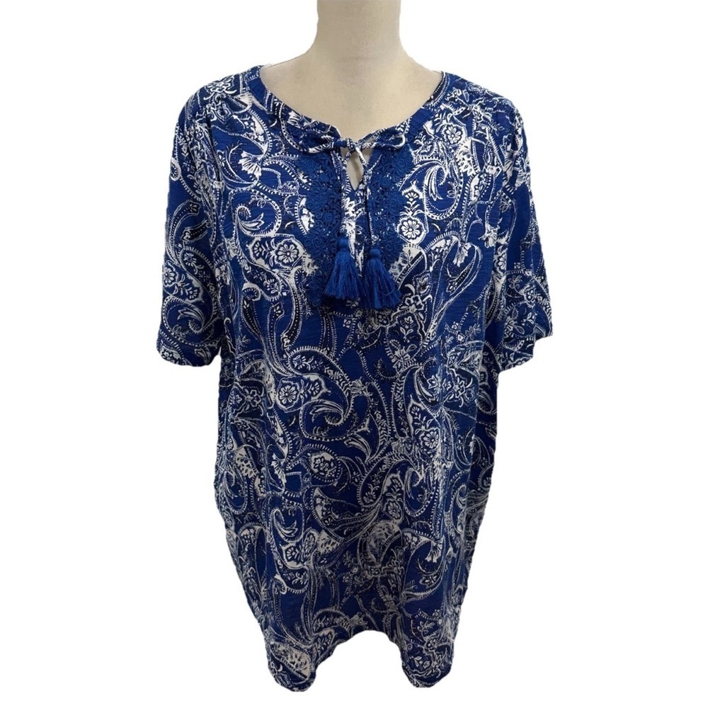 NWOT Catherines Cotton Blouse Womens 1X Tie-Neck Blue White Floral Short Sleeve